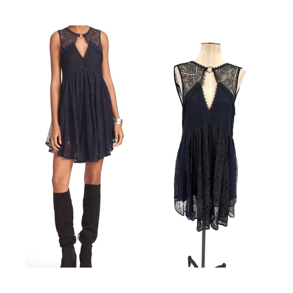 Free People Don't You Dare Lace Mini Dress Open Back Black Combo Size Small NWT